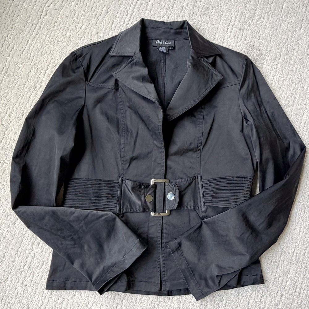 Odds 'n Evens Vintage Black Belted Blazer Jacket Large Cotton Nylon Minimalist